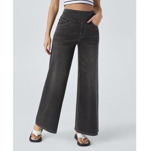 High Rise Wide Leg Pull On Jeans Faded Black Denim 31 Inseam